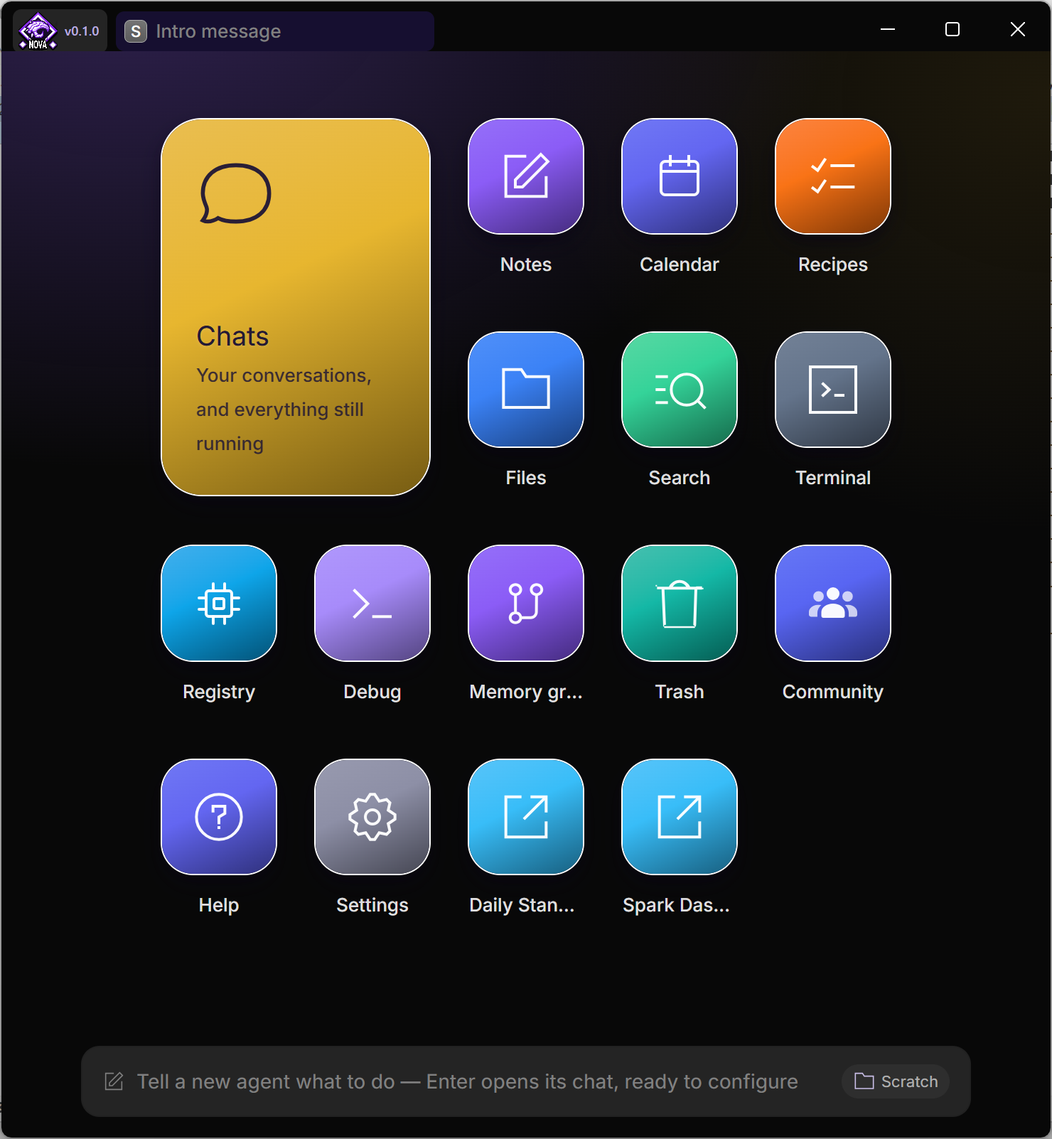 NovaClaw's home screen: a tile launcher with Chats, Notes, Calendar, Recipes, Files, Search, Terminal, Trash, Settings and more, above a bar that starts a new agent.